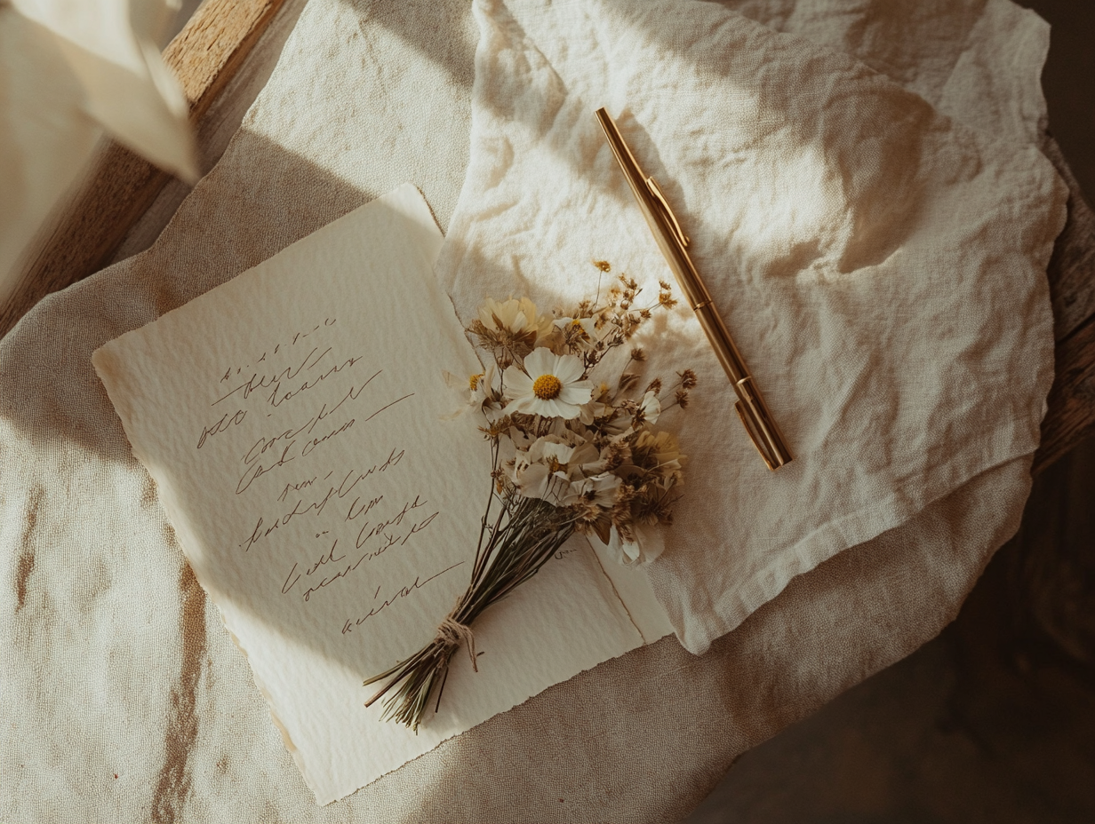 Wedding ceremony details — handwritten vows and native flowers